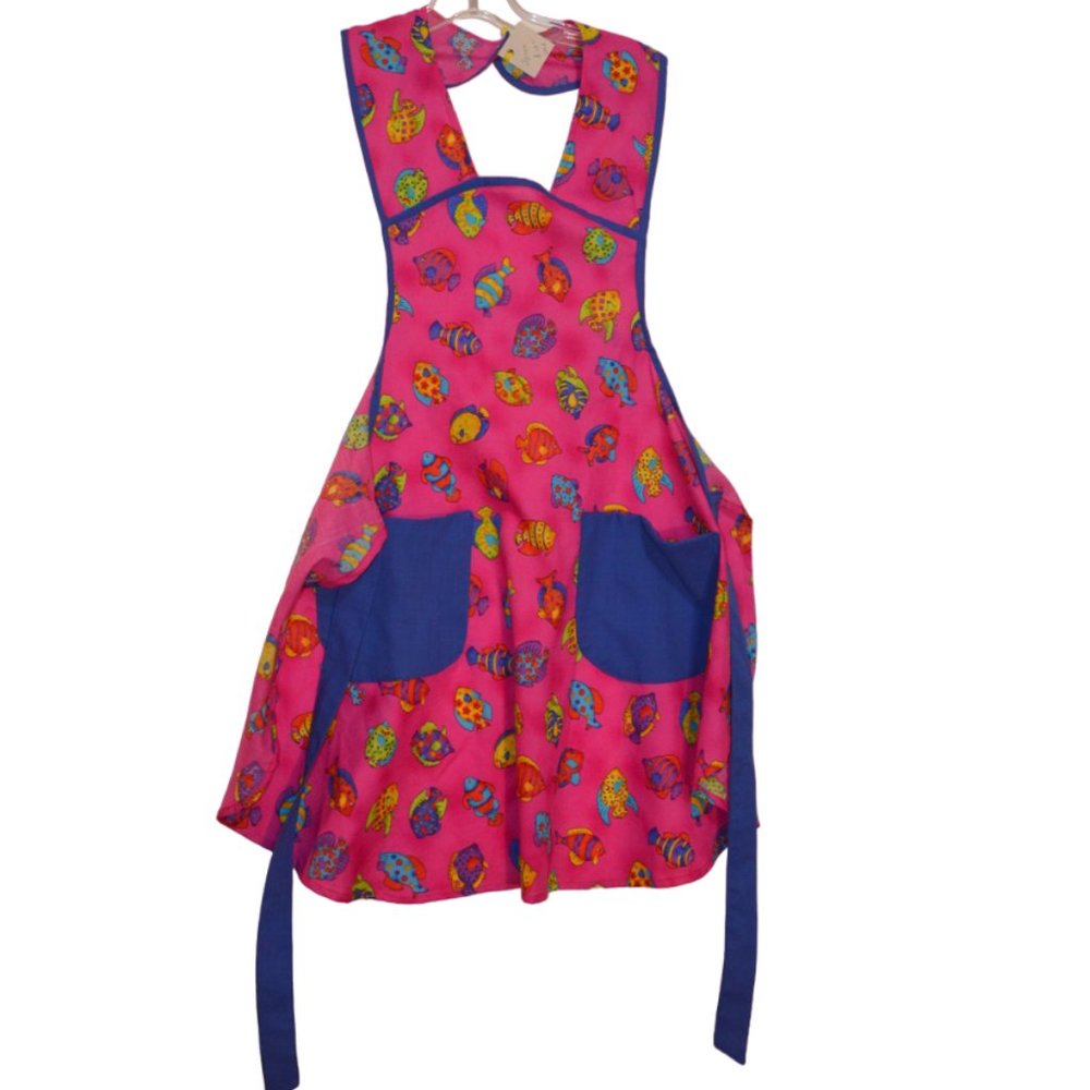 Apron Homemade Pink Blue Fish Prints 2 Pockets Ties M